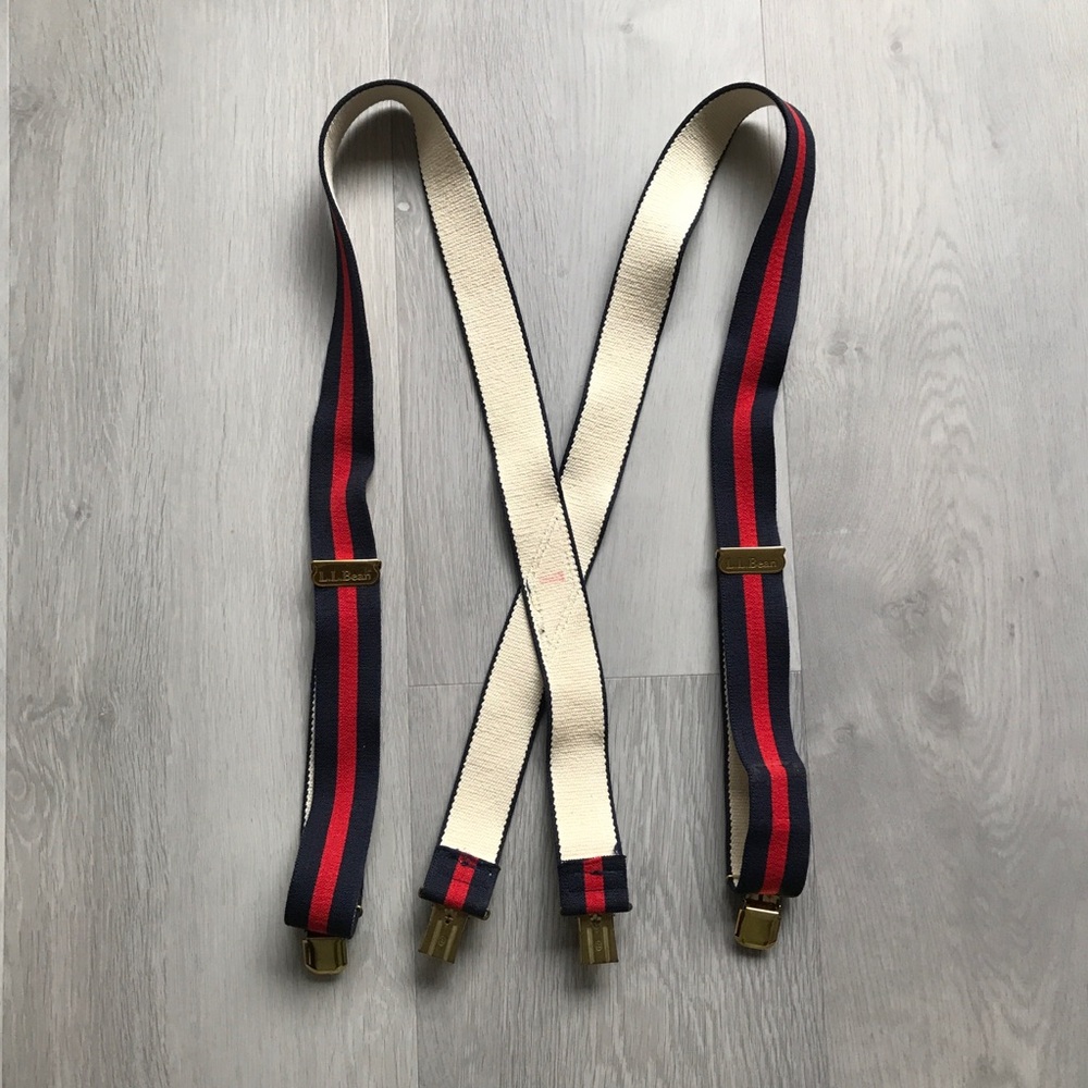 LL BEAN SUSPENDERS RED NAVY STRIPE STRETCH MENS ONE SIZE